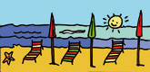 disegno di una spiaggia con ombrelloni e sedie a sdraio