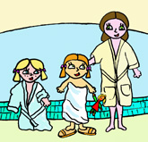 disegno d due bambine e una mamma di fronte a una piscina