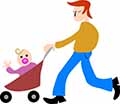 su vacanzebimbi vacanze per genitori single disegno di un papà che spinge un passeggino con un bebè che fa ciao con la manina