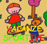 disegno di due bambini in pattini a rotelle con scritta vacanze sportive clic per andare alla rubrica delle vacanze sportive al mare e in montegna per i bambini